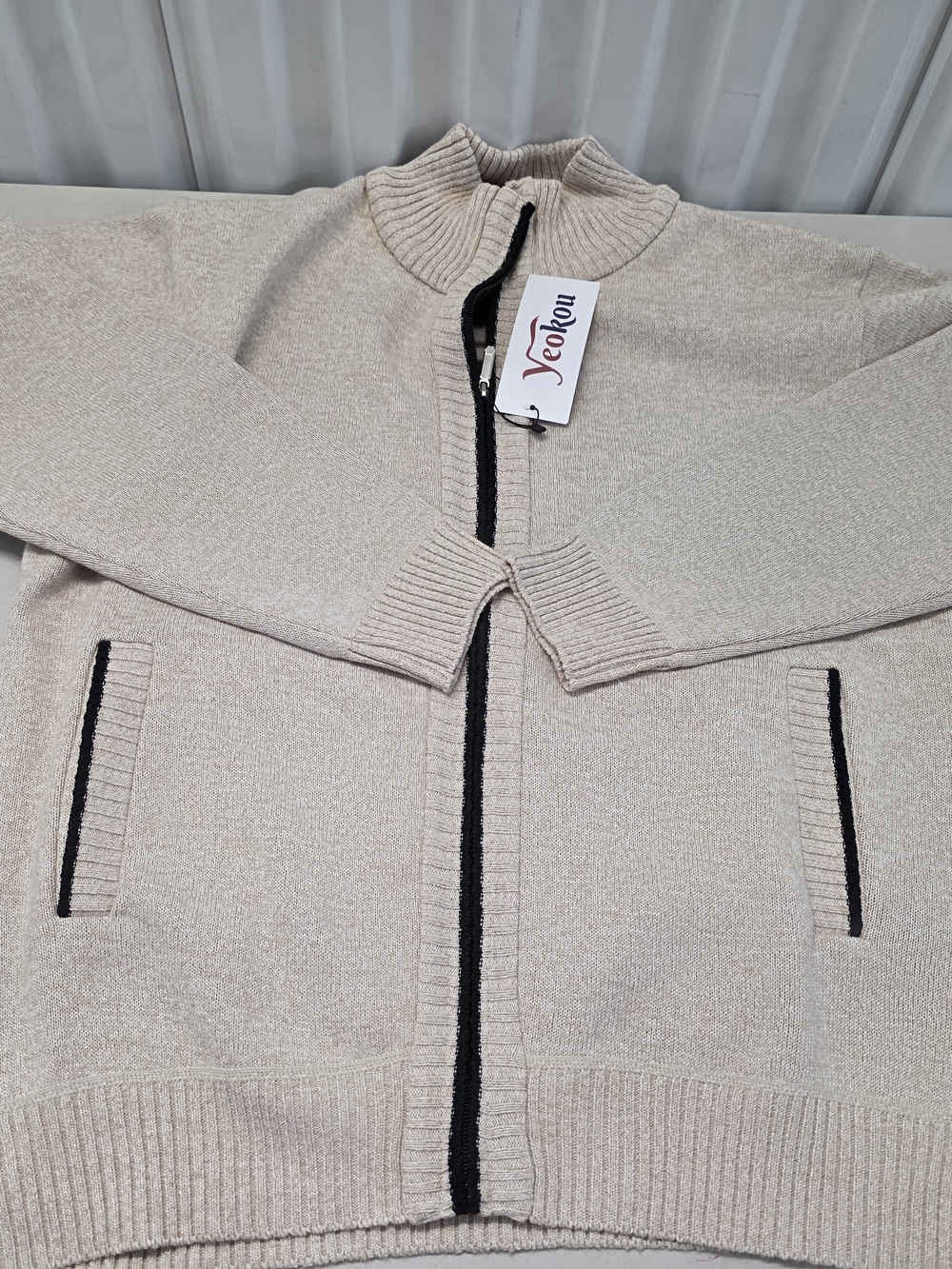 YeoKou Cashmere Wool Blend Fleece Lined Full Zip Cardigan Sweater Beige Men's La